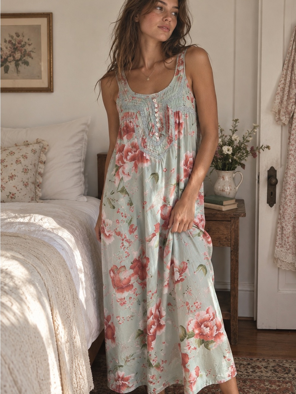 Soft Surroundings Floral Cotton Nightgown Cottagecore Prairie Romantic Maxi
